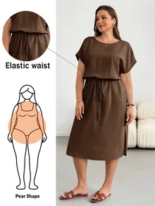 Shapeblank Plus Casual Simple Short Sleeve Waist Cinching Midi Dress Summer - Brown - View 1