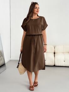 Shapeblank Plus Casual Simple Short Sleeve Waist Cinching Midi Dress Summer - Brown - View 7
