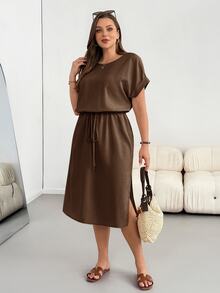 Shapeblank Plus Casual Simple Short Sleeve Waist Cinching Midi Dress Summer - Brown - View 5