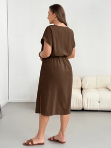 Shapeblank Plus Casual Simple Short Sleeve Waist Cinching Midi Dress Summer - Brown - View 2