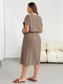 Shapeblank Plus Size Women Solid Color Casual Daily Wear Summer Dress - Mocha Brown - View 3