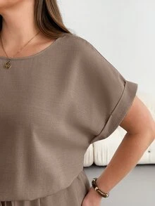 Shapeblank Plus Size Women Solid Color Casual Daily Wear Summer Dress - Mocha Brown - View 7