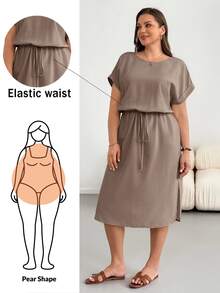 Shapeblank Plus Size Women Solid Color Casual Daily Wear Summer Dress - Mocha Brown - View 2