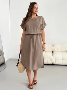 Shapeblank Plus Size Women Solid Color Casual Daily Wear Summer Dress - Mocha Brown - View 8