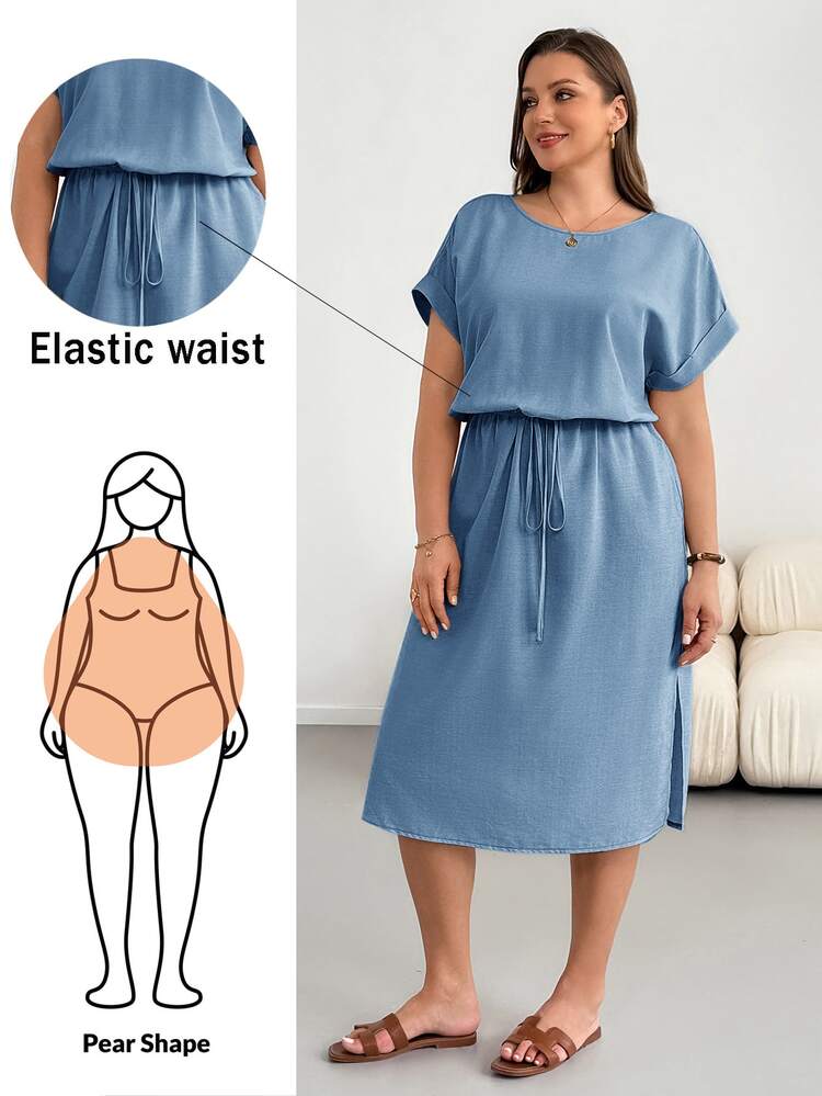 Shapeblank Plus Size Women Solid Color Round Neck Casual Baggy Smart Daily Summer Dress Navy Blue Formal Vacation - Blue - View 1