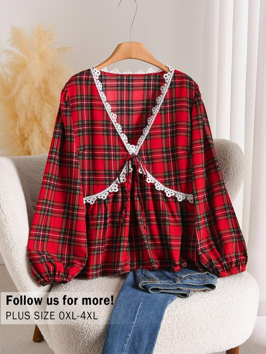 CosyJoli Blusa de encaje rojo para mujer talla grande, linda, manga ...