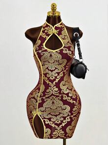 Mistrie Women's Sleeveless Collar-Neck Cheongsam, Burgundy And Gold Hollow Dress, Side Slit Mini A-Line Skirt, Summer, Party Dinner Sexy - Burgundy - View 1