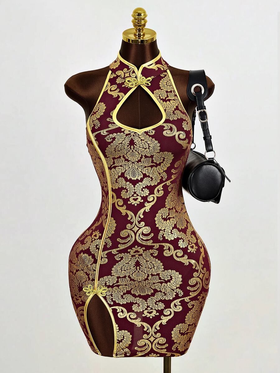 Mistrie Women's Sleeveless Collar-Neck Cheongsam, Burgundy And Gold Hollow Dress, Side Slit Mini A-Line Skirt, Summer, Party Dinner Sexy - Burgundy - View 1