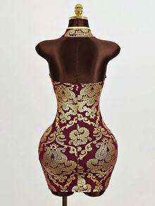Mistrie Women's Sleeveless Collar-Neck Cheongsam, Burgundy And Gold Hollow Dress, Side Slit Mini A-Line Skirt, Summer, Party Dinner Sexy - Burgundy - View 2