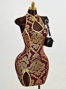 Mistrie Women's Sleeveless Collar-Neck Cheongsam, Burgundy And Gold Hollow Dress, Side Slit Mini A-Line Skirt, Summer, Party Dinner Sexy - Burgundy - View 3