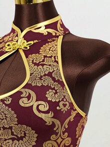 Mistrie Women's Sleeveless Collar-Neck Cheongsam, Burgundy And Gold Hollow Dress, Side Slit Mini A-Line Skirt, Summer, Party Dinner Sexy - Burgundy - View 4