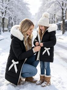 SHEIN Elladie kids 少女冬季中長版加厚外套，可愛蝴蝶結裝飾毛茸茸連帽羽絨夾克，保暖休閒日常穿著校園外套，白色 - 黑與白 - 查看 2