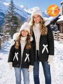SHEIN Elladie kids 少女冬季中長版加厚外套，可愛蝴蝶結裝飾毛茸茸連帽羽絨夾克，保暖休閒日常穿著校園外套，白色 - 黑與白 - 查看 10
