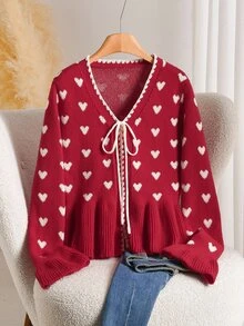 Story & Sage Women's Fashion Jacquard Tie-Up Decor Ribbed Sweater - Red - View 4