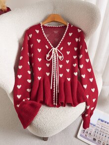 Story & Sage Women's Fashion Jacquard Tie-Up Decor Ribbed Sweater - Red - View 1