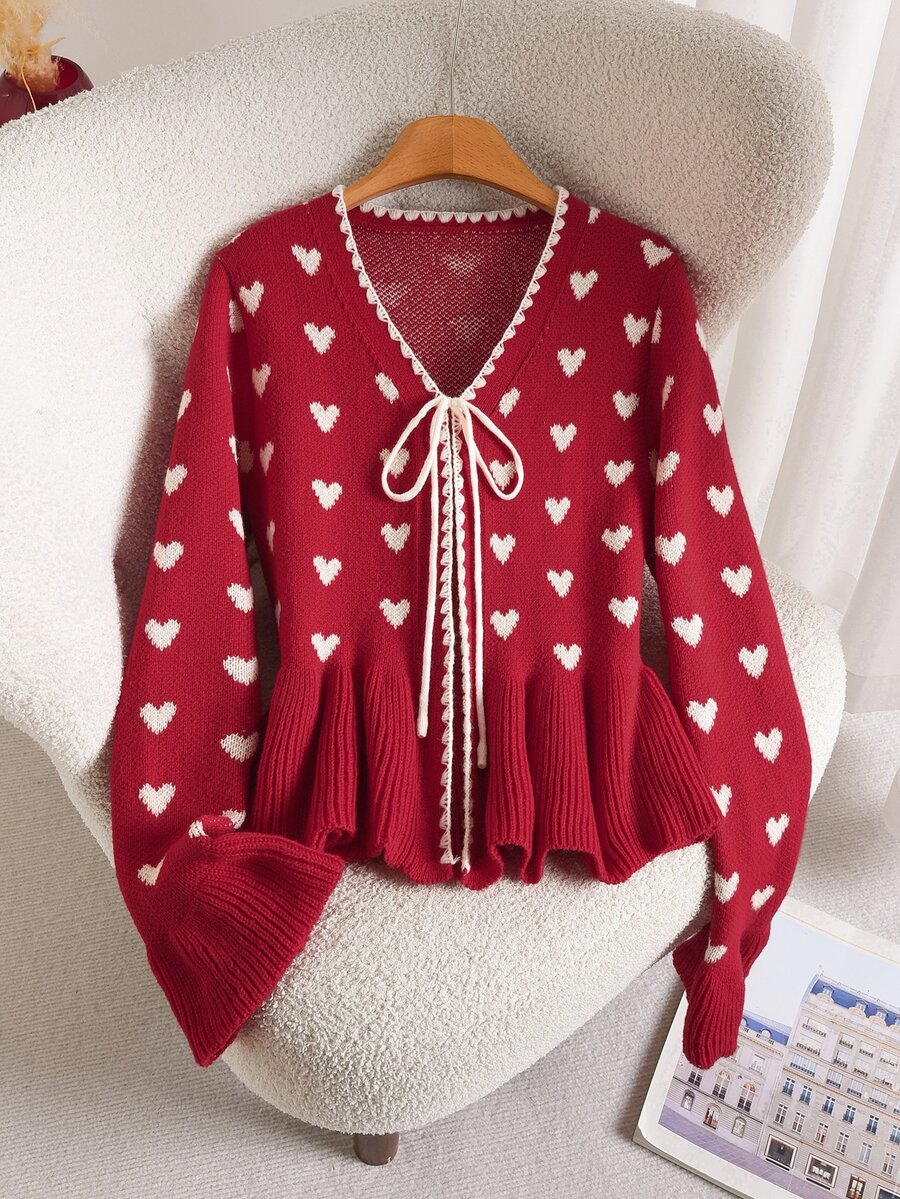 Story & Sage Women's Fashion Jacquard Tie-Up Decor Ribbed Sweater - Red - View 1