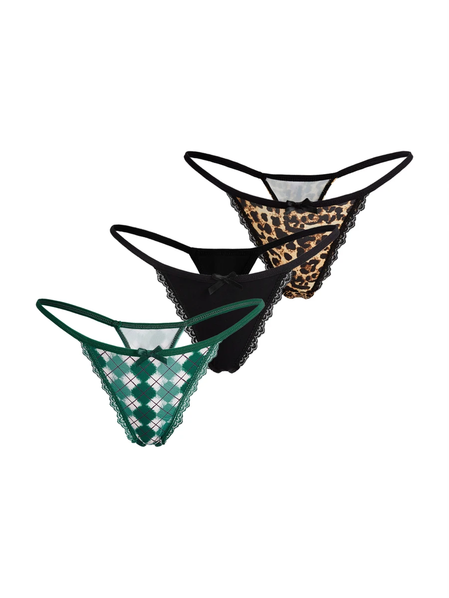 AltBold 3pcs/Set Women's Lace Patchwork Printed Thong Panties - Multicolor - View 1