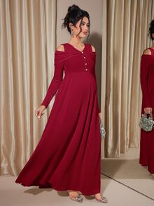 Momance Maternity Raglan Sleeve Button Front Rib-Knit A-Line Midi Dress, Spring/Autumn - Burgundy - View 5