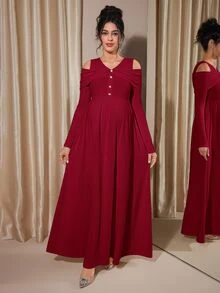Momance Maternity Raglan Sleeve Button Front Rib-Knit A-Line Midi Dress, Spring/Autumn - Burgundy - View 4