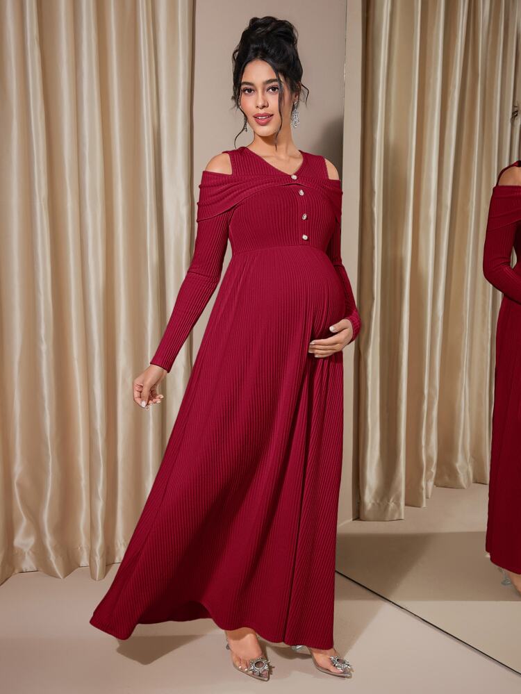 Momance Maternity Raglan Sleeve Button Front Rib-Knit A-Line Midi Dress, Spring/Autumn - Burgundy - View 7