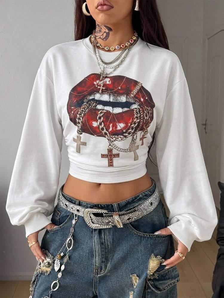 Coolane Women's Fall/Winter Going Out Streetwear Chic Y2k Basic Vintage Lips Graphics Waist-Cinched Fitted White Round Neck Sweatshirt White Tops Fall Outfit - White - View 1