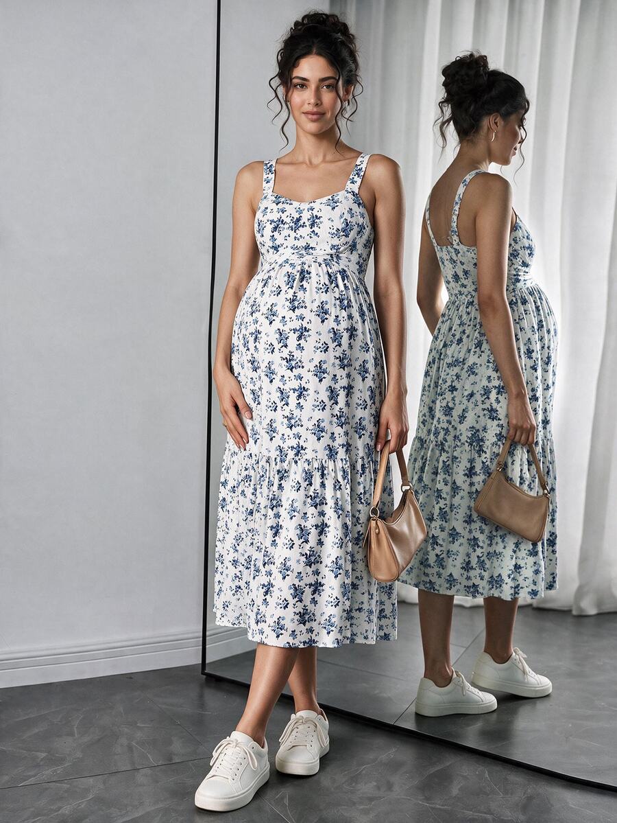 Momance Allover Ditsy Floral Sleeveless Square Neck Summer Waist Cinched Dress Maternity Dress - Blue and White - View 1