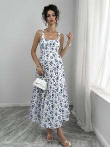 Momance Allover Ditsy Floral Sleeveless Square Neck Summer Waist Cinched Dress Maternity Dress - Blue and White - View 2
