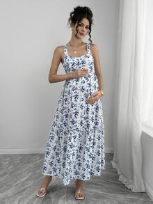 Momance Allover Ditsy Floral Sleeveless Square Neck Summer Waist Cinched Dress Maternity Dress - Blue and White - View 4