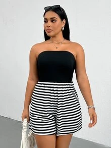 Shapeblank رومبير نسائي مقاس كبير صيفي مخطط باللونين الأسود والأبيض 2 في 1 بدون حمالات، مرن ومريح، ملابس شاطئية كاجوال أنيقة - أبيض وأسود - مشاهدة 7