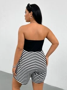 Shapeblank رومبير نسائي مقاس كبير صيفي مخطط باللونين الأسود والأبيض 2 في 1 بدون حمالات، مرن ومريح، ملابس شاطئية كاجوال أنيقة - أبيض وأسود - مشاهدة 3