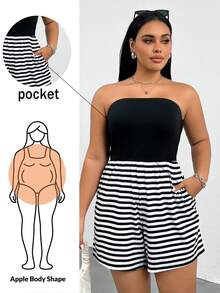 Shapeblank رومبير نسائي مقاس كبير صيفي مخطط باللونين الأسود والأبيض 2 في 1 بدون حمالات، مرن ومريح، ملابس شاطئية كاجوال أنيقة - أبيض وأسود - مشاهدة 2
