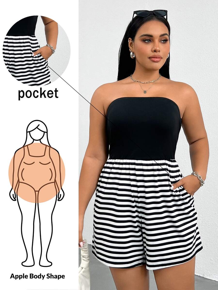 Shapeblank رومبير نسائي مقاس كبير صيفي مخطط باللونين الأسود والأبيض 2 في 1 بدون حمالات، مرن ومريح، ملابس شاطئية كاجوال أنيقة