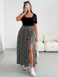 Shapeblank Plus Size Women's Spring/Summer Fashion Casual Boho Elegant Stretchy Comfortable Black Floral Patchwork Square Neck Short Sleeve Dress Vacation - Black and White - View 6