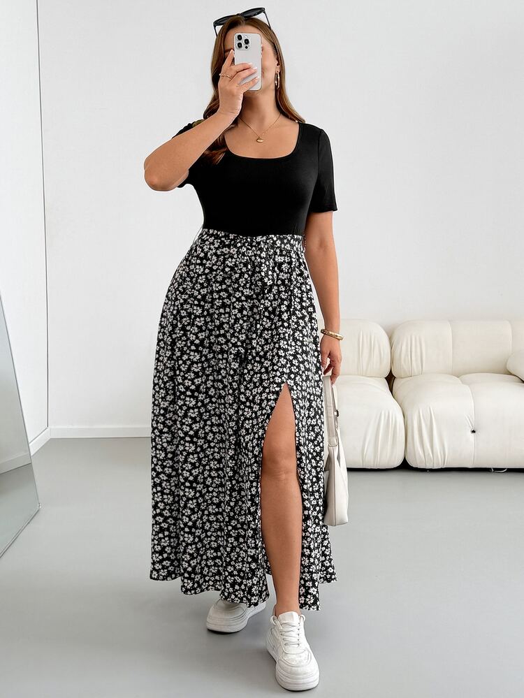 Shapeblank Plus Size Women's Spring/Summer Fashion Casual Boho Elegant Stretchy Comfortable Black Floral Patchwork Square Neck Short Sleeve Dress Vacation - Black and White - View 6