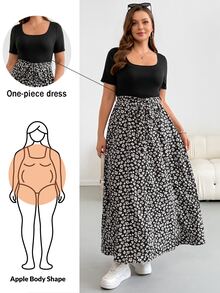 Shapeblank Plus Size Women's Spring/Summer Fashion Casual Boho Elegant Stretchy Comfortable Black Floral Patchwork Square Neck Short Sleeve Dress Vacation - Black and White - View 1