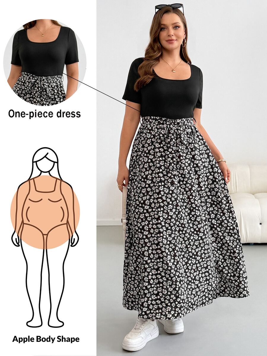 Shapeblank Plus Size Women's Spring/Summer Fashion Casual Boho Elegant Stretchy Comfortable Black Floral Patchwork Square Neck Short Sleeve Dress Vacation - Black and White - View 1