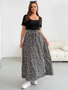 Shapeblank Plus Size Women's Spring/Summer Fashion Casual Boho Elegant Stretchy Comfortable Black Floral Patchwork Square Neck Short Sleeve Dress Vacation - Black and White - View 5