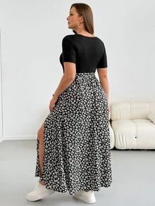 Shapeblank Plus Size Women's Spring/Summer Fashion Casual Boho Elegant Stretchy Comfortable Black Floral Patchwork Square Neck Short Sleeve Dress Vacation - Black and White - View 2
