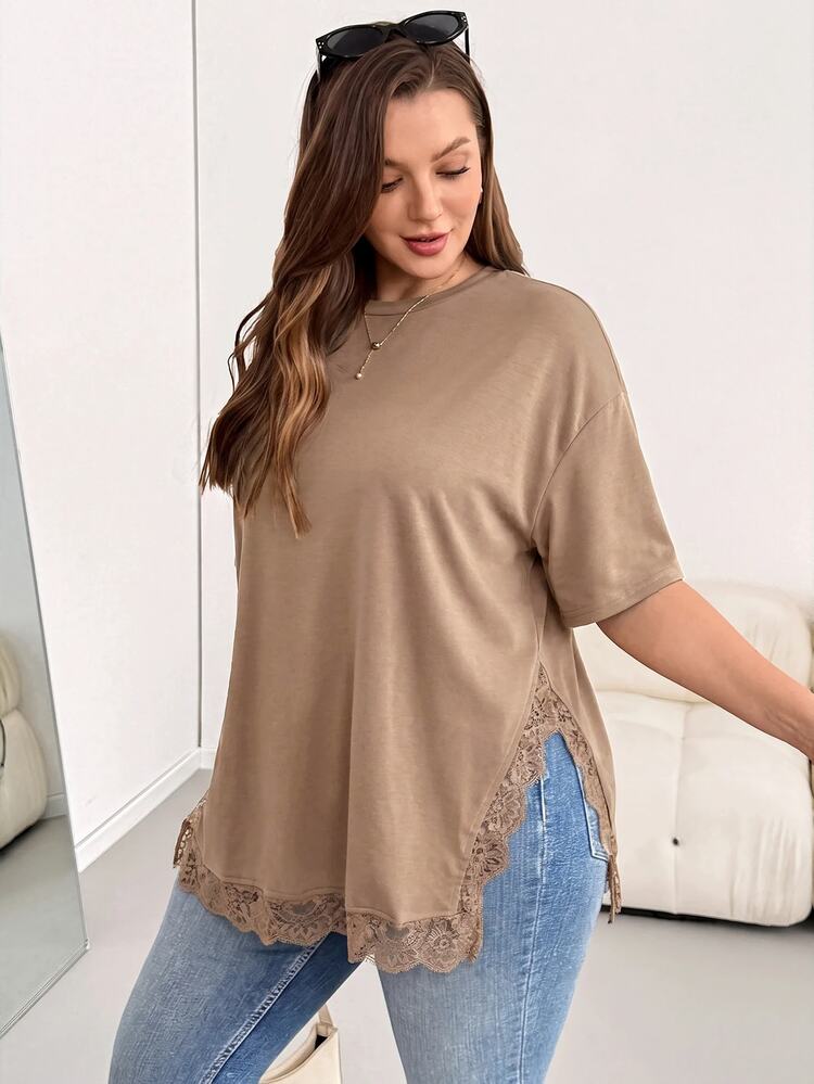 Shapeblank Plus Size Women Solid Color Round Neck Dropped Shoulder Sleeve Contrast Lace Side Slit Hem Casual T-Shirt - Khaki - View 7