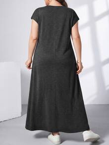 Shapeblank Plus Size Women's Solid Color Round Neck Short Sleeve Pocket Casual Loose Fit Dress - Black - View 2