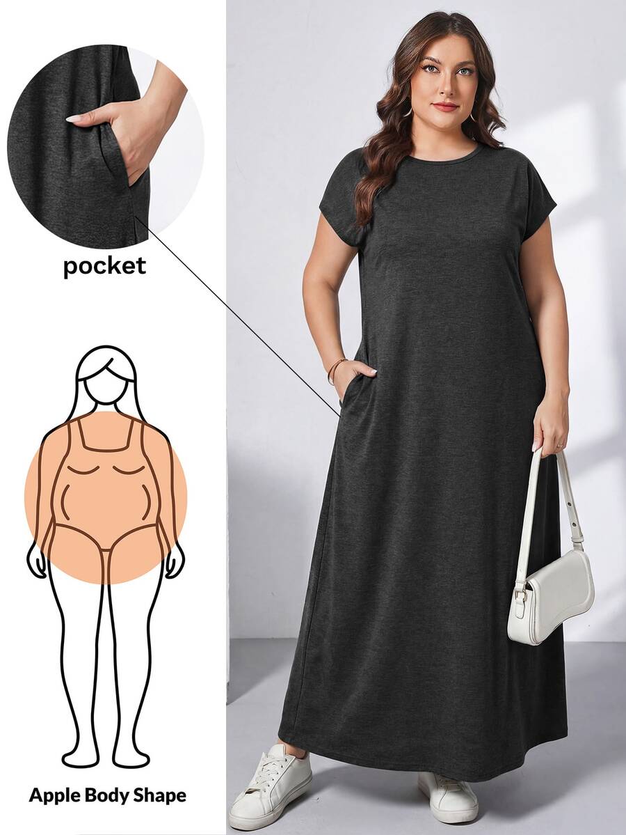 Shapeblank Plus Size Women's Solid Color Round Neck Short Sleeve Pocket Casual Loose Fit Dress - Black - View 1
