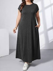 Shapeblank Plus Size Women's Solid Color Round Neck Short Sleeve Pocket Casual Loose Fit Dress - Black - View 3