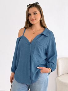 Shapeblank Plus Size Women's Solid Color Asymmetric Collar Long Sleeve Single-Breasted Shirt Fall - Blue - View 4