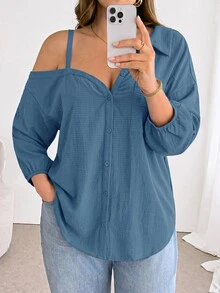Shapeblank Plus Size Women's Solid Color Asymmetric Collar Long Sleeve Single-Breasted Shirt Fall - Blue - View 8