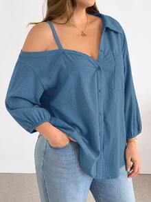 Shapeblank Plus Size Women's Solid Color Asymmetric Collar Long Sleeve Single-Breasted Shirt Fall - Blue - View 6