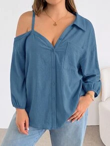 Shapeblank Plus Size Women's Solid Color Asymmetric Collar Long Sleeve Single-Breasted Shirt Fall - Blue - View 5