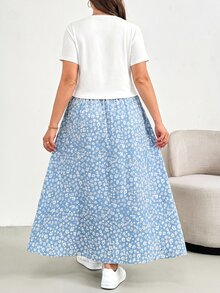 Shapeblank 大尺碼女款夏季兩件套，印花半身裙短袖T恤，休閒可愛波希米亞風藍白度假假日穿搭 - 藍色 - 查看 3