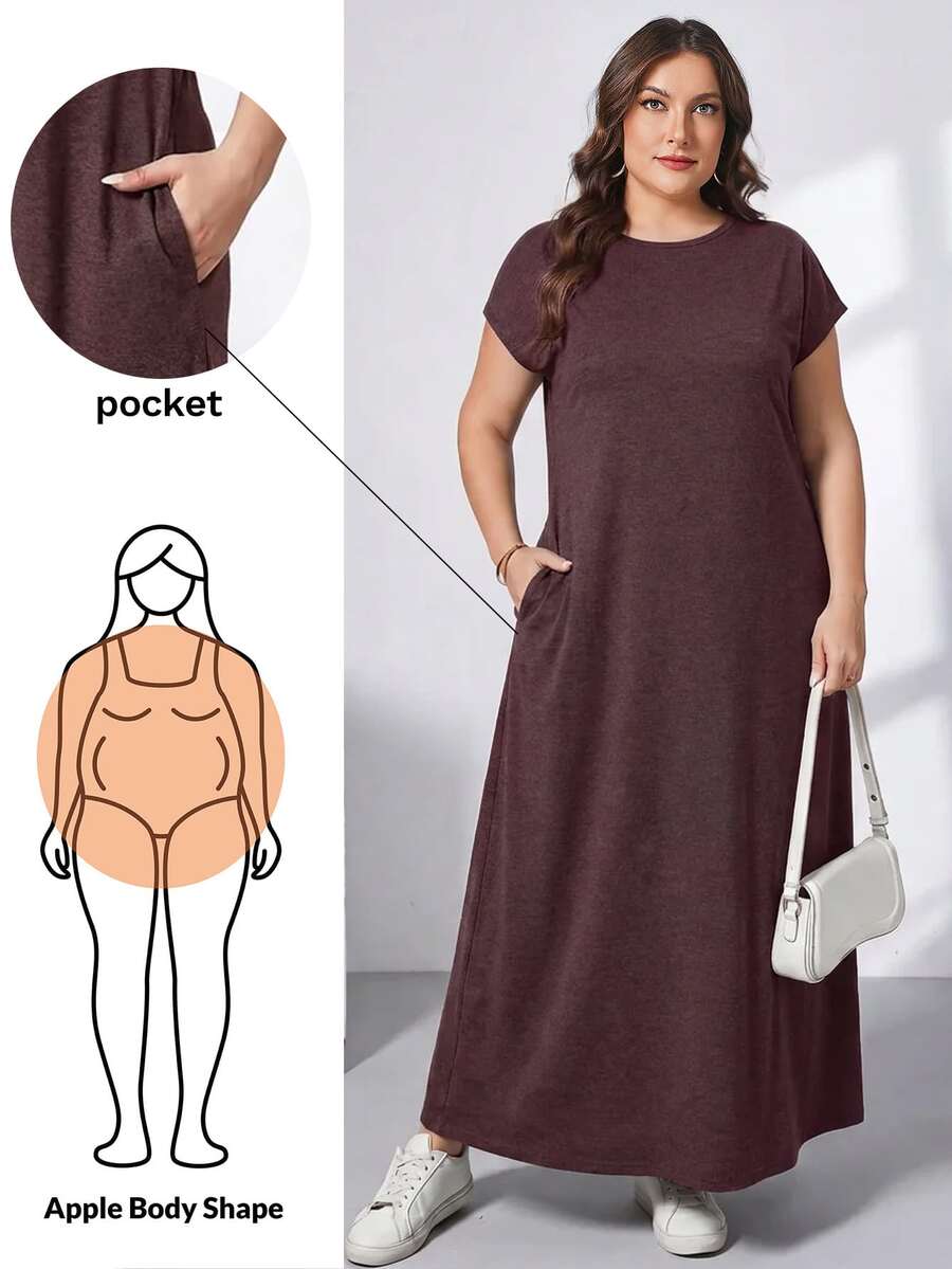 Shapeblank Plus Size Women Solid Color Round Neck Short Sleeve Pocket Casual Dress - Redwood - View 1