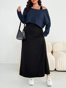 Shapeblank 大尺碼女款純色長袖上衣與洋裝2件套，秋季早午餐正式晨間穿搭，藍色黑色休閒寬鬆優雅外出度假風 - 藏蓝色 - 查看 4