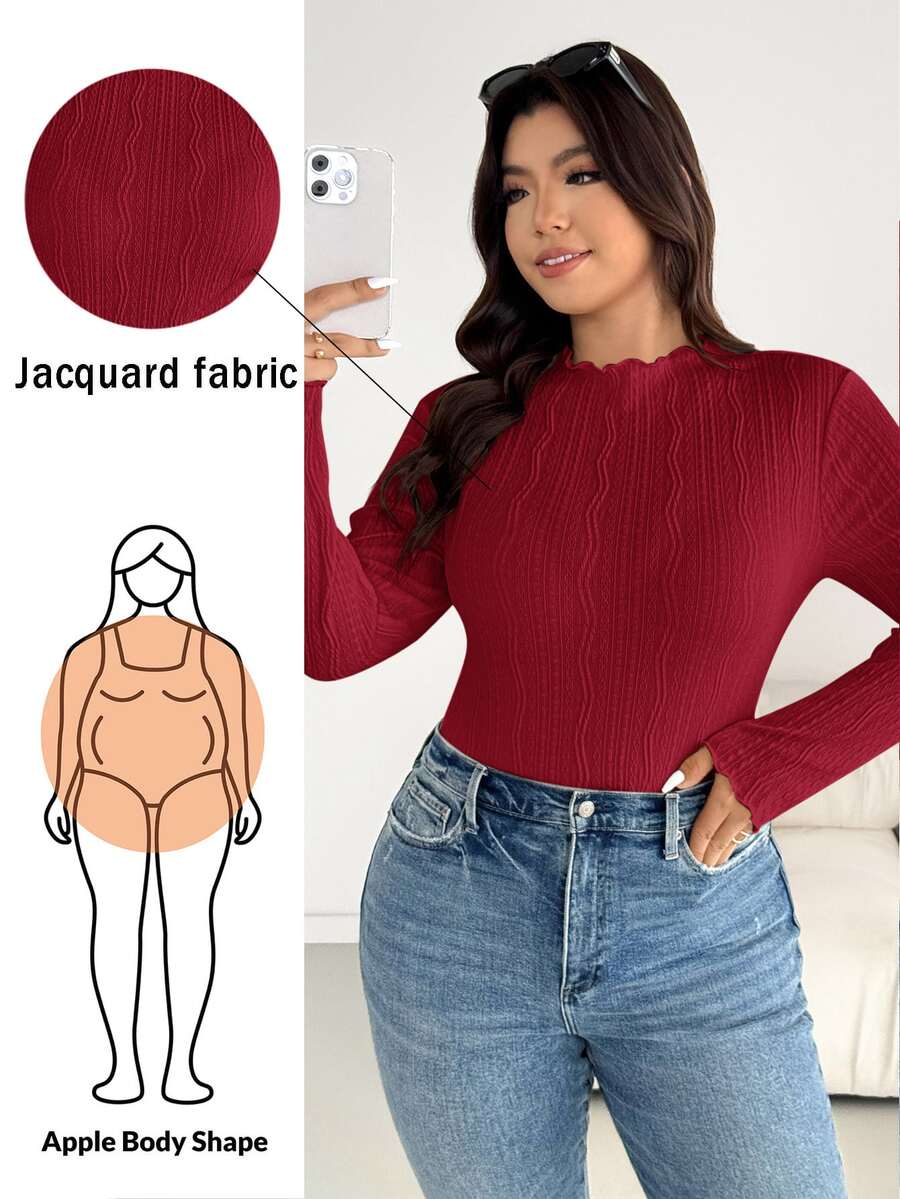 Shapeblank Plus Size Autumn/Winter Casual Solid Textured T-Shirt Fall - Red - View 1
